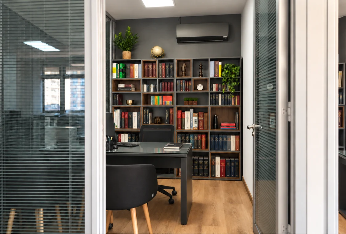 Sala reservada com biblioteca jurídica